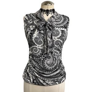 WHBM Black and White Paisley Ruched Bow Sash Office Whimsigoth Corp Goth Blouse